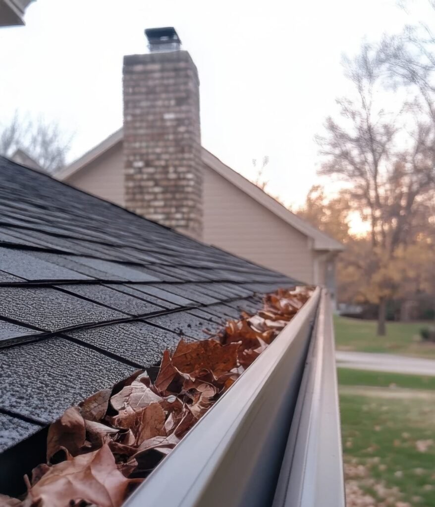 Clogged residential gutter filled with leaves along an asphalt shingle roof, highlighting the need for professional gutter cleaning and preventive maintenance services by Dinosaur Roofing & Repair to protect homes in Middle Georgia