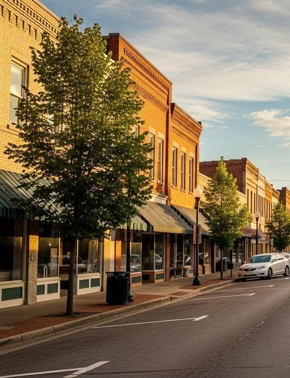 Downtown Cochran, Georgia streetscape with historic storefronts and local businesses, representing the Middle Georgia communities Dinosaur Roofing & Repair proudly serves with dependable residential and commercial roofing solutions